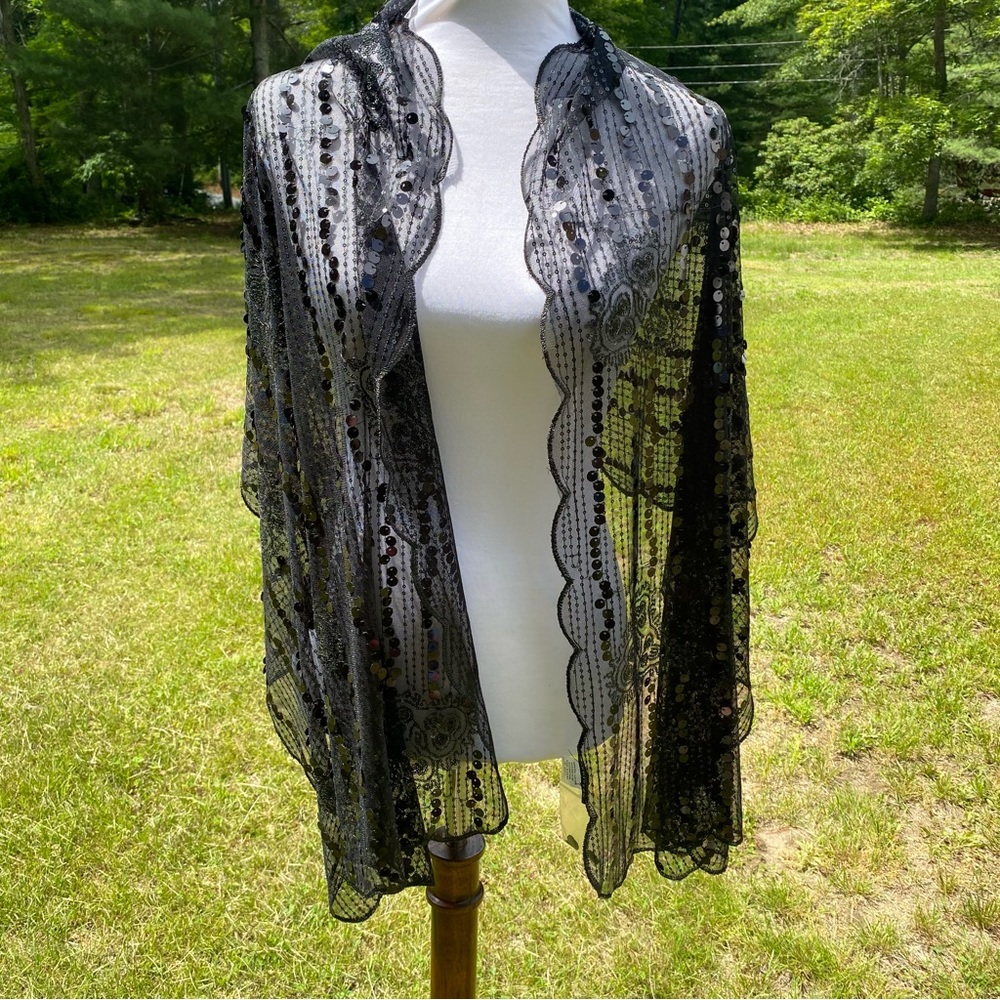 JOAN RIVERS NEW NWOT SCARF BLACK LARGE SHEER RECTANGLE SEQUINS PAILLETTES